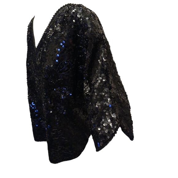 Exotic Formal Beaded Sequin Top L Black Short Sleeve NY Party Christmas Holiday - Picture 4 of 17